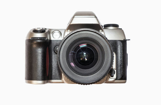 Classic photo camera isolated on white background. Retro camera. Film camera with big round lense - Powered by Adobe