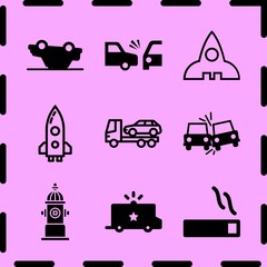 Simple 9 icon set of fire related side crash, rocket, smoking and side crash vector icons. Collection Illustration