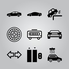 Simple 9 icon set of transport related car falling, sedan car model, turn signals and school bus vector icons. Collection Illustration