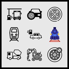 Simple 9 icon set of car related car at gas station, bulldozer, tire and wheel vector icons. Collection Illustration