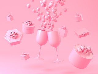 Love cerebration with champagne. Pink gift boxs and champagne glass with small pink hearts like splash of champagne on white background. 3d illustration rendering.