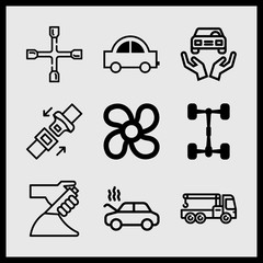 Simple 9 icon set of car related ventilating fan, car repair, crane truck and seatbelt vector icons. Collection Illustration