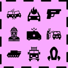 Simple 9 icon set of fire related welder, fireman, war tank and side crash vector icons. Collection Illustration