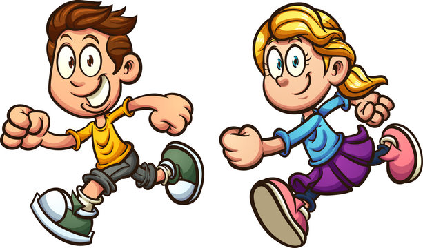 Cute cartoon running boy and girl. Vector clip art illustration with simple gradients. Each on a separate layer. 