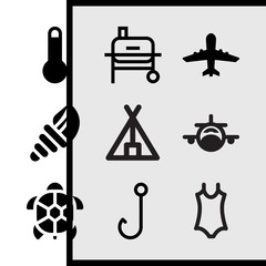 Simple 9 set of Summer related grill, seashell, thermometer and airplane upward vector icons