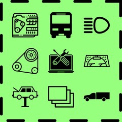 Simple 9 icon set of service related bus vehicle, car engine, deliver truck silhouette and mechanical service of a car vector icons. Collection Illustration