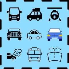 Simple 9 icon set of travel related small car, car with luggage, rolls royce luxury car front and windshield vector icons. Collection Illustration