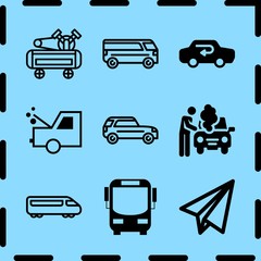 Simple 9 icon set of travel related car, fast train, car and bus vector icons. Collection Illustration
