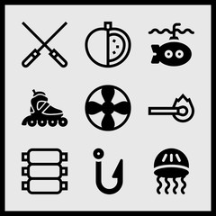 Simple 9 set of Summer related line roller skate, hook, match and propeller vector icons