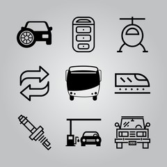 Simple 9 icon set of transport related transfer, helicopter, car with spare tire and car vector icons. Collection Illustration