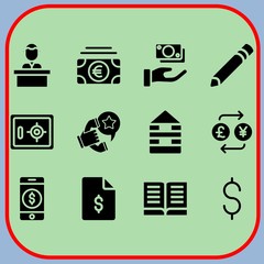 Simple 12 icon set of business related file, get money, exchange and safebox vector icons. Collection Illustration