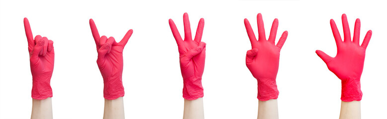 Healthy, vitamins, vaccination, medical store, pharmacy, recovery, proper nutrition concept - Signs made of red medical gloves. Fingers symbol one three four five and rock. Isolated on white.