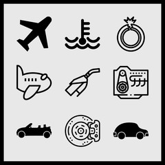 Simple 9 icon set of car related brakes, car engine, airplane and engine coolant vector icons. Collection Illustration