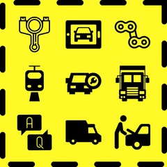 Simple 9 icon set of business related transportation truck, truck front, repairing car and streetcar vector icons. Collection Illustration