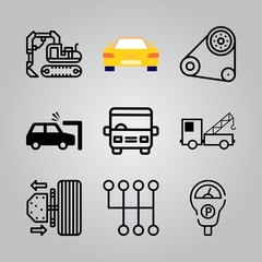 Simple 9 icon set of transport related sport car, excavator, parking crash and car vector icons. Collection Illustration