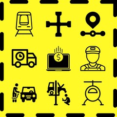 Simple 9 icon set of business related flow, route, train and delivery truck vector icons. Collection Illustration