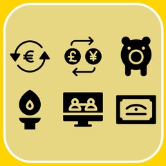Simple 6 icon set of business related certificate, video call, euro and piggy bank vector icons. Collection Illustration