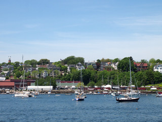 Portland Maine Coastline with boats in the water, homes on the shore, trees and Portland Observation tower