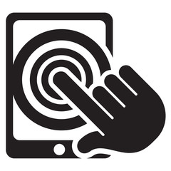 Icon pictogram, hand clicking or touching a tablet device, ebook. Ideal for catalogs, information and institutional material