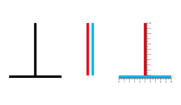 Vertical horizontal optical illusion. The vertical line seems to be longer, but both lines are of the same length. The bisected line appears to be shorter. Illustration on white background. Vector.