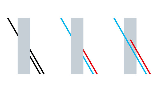 Poggendorff geometrical optical illusion. The red line appears to be continuing behind the gray rectangle but it is the blue line. Misperception of a position. Illustration on white background. Vector