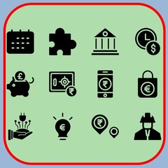 Simple 12 icon set of business related time is money, pin, power and idea vector icons. Collection Illustration