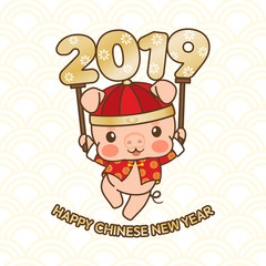 2019, Happy Chinese new year, year of pig , Cute Pig Cartoon Style
