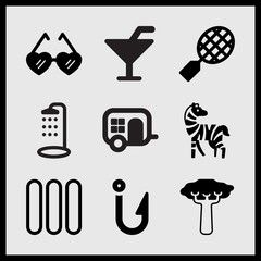 Simple 9 set of Summer related tennis, heart shaped sunglasses, baobab and hook vector icons