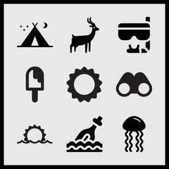 Simple 9 set of Summer related melting ice cream, antelope, sun rise and bottle vector icons