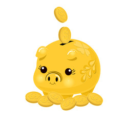 Gold Piggy Bank with falling golden coins of Dollar. Saving money, investment, banking Vector illustration isolated on white background ,Chinese new year.