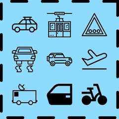 Simple 9 icon set of travel related car, cable car cabin, traffic sign and car vector icons. Collection Illustration