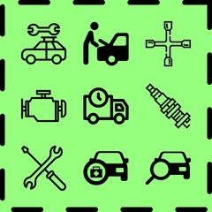 Simple 9 icon set of service related wrench, screwdriver and wrench, searching car and car repair vector icons. Collection Illustration