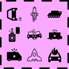 Simple 9 icon set of fire related overturned car, lighter, rocket outlined space ship and spark vector icons. Collection Illustration