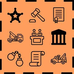 Simple 9 icon set of legal related tow truck, law, legal paper and tow truck vector icons. Collection Illustration