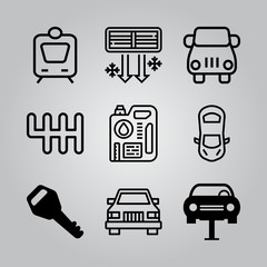 Simple 9 icon set of electronics related car lifter, car, car and oil vector icons. Collection Illustration