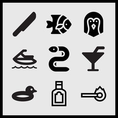 Simple 9 set of Summer related duck float, sky board on sea, fish and cocktail with straw vector icons