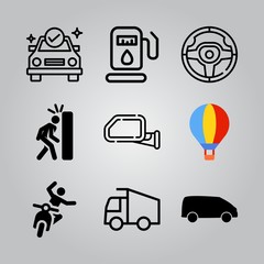 Simple 9 icon set of transport related rearview mirror, hot air balloon, gas station and accident vector icons. Collection Illustration