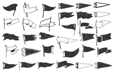 Naklejka premium Set of textured pennants. Retro monochrome labels. Hand drawn wanderlust style. Pennant flags design