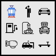 Simple 9 icon set of car related accident, car wash, car wash and scooter with handle vector icons. Collection Illustration