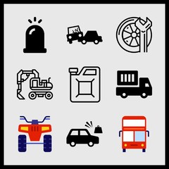 Simple 9 icon set of car related excessive weight for the vehicle, repair, delivery truck and bulldozer vector icons. Collection Illustration