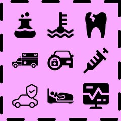 Simple 9 icon set of medicine related temperature, car with medicine, insurance and broken tooth vector icons. Collection Illustration