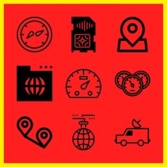 Simple 9 icon set of internet related world wide web, tachometer, sim card and worldwide vector icons. Collection Illustration