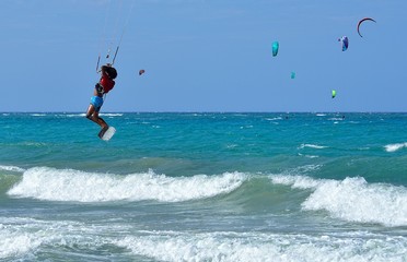 6 June 2018, Cabarete Beach, Dominican Republic, Kite surfers on the beach.