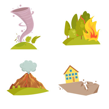 Natural cataclysm icons set. Tsunami wave, tornado swirl, flame meteorite, volcano eruption, sandstorm, deglaciation, storm. Cartoon style color icon. Vector illustration isolated on white background.
