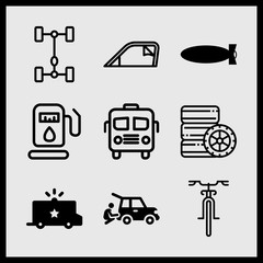 Simple 9 icon set of car related car, missile, gas station and bike vector icons. Collection Illustration