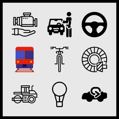 Simple 9 icon set of car related steering wheel, train, engine and car air vector icons. Collection Illustration