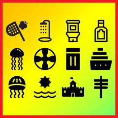 Sun, beach sign and propeller related icons set