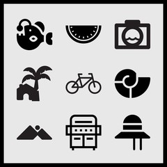 Simple 9 set of Summer related seashell, pamela, angler and mountains and sun vector icons