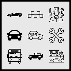 Fototapeta premium Simple 9 icon set of car related car, sports car, truck and mechanic vector icons. Collection Illustration