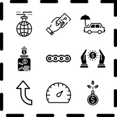 Simple 9 icon set of finance related funds, up arrow, worldwide and parking ticket vector icons. Collection Illustration